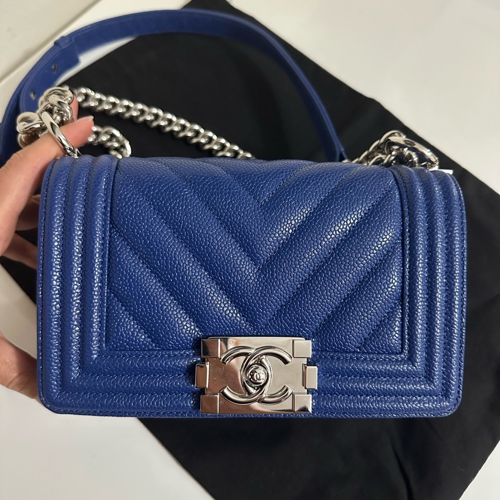 Chanel Boy Small Chevron Blue Caviar Bag